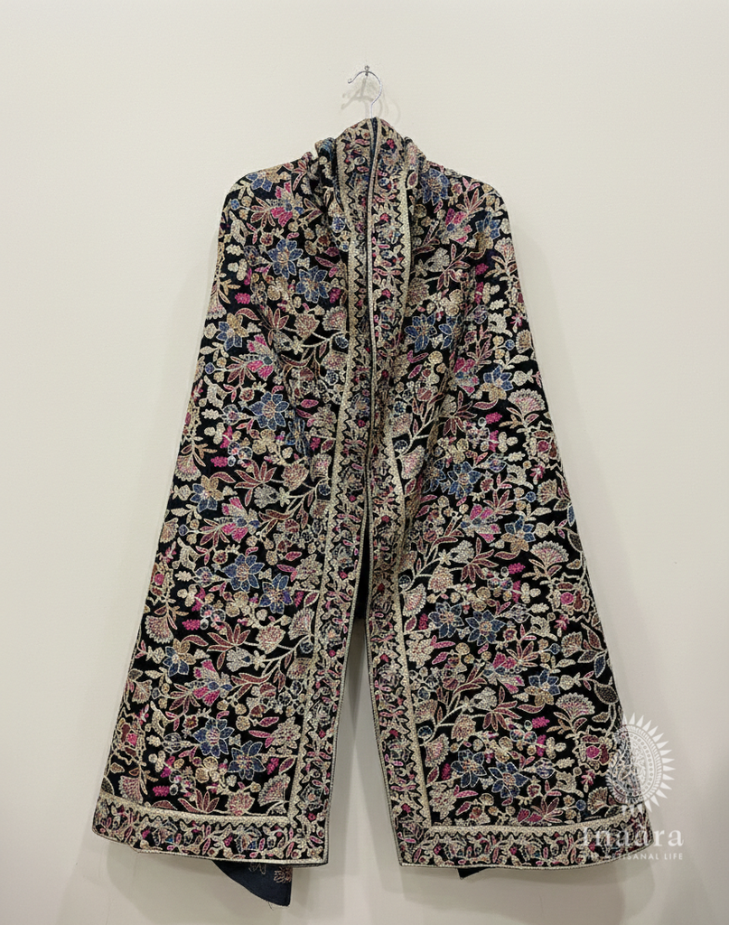 embroidered velvet shawl black with pink floral2 by luqi arts (1).png