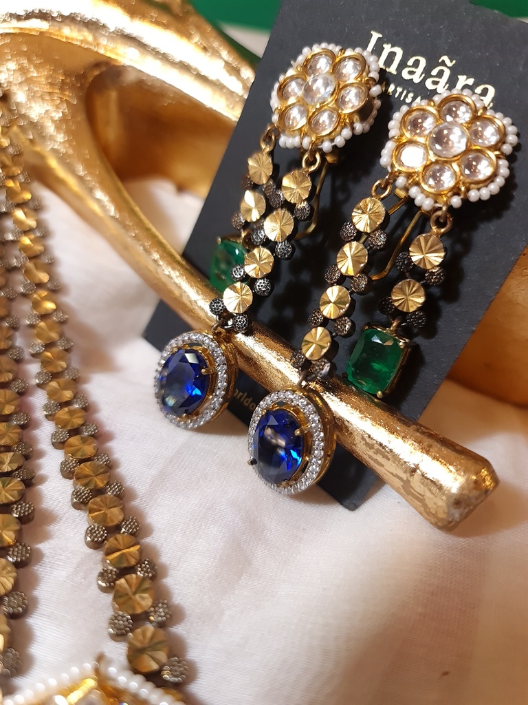 Polki Emerald&Sapphire Stone Pendant Necklace Set