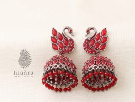 Peacock Jhumka Earring - Green & Red