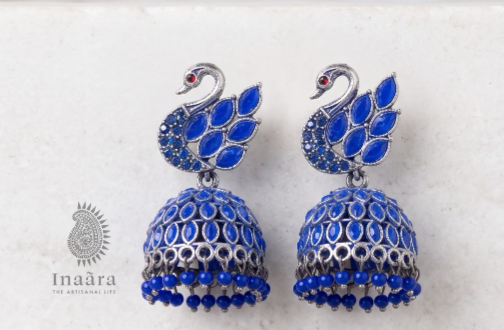Peacock Jhumka Earring - Blue & Red