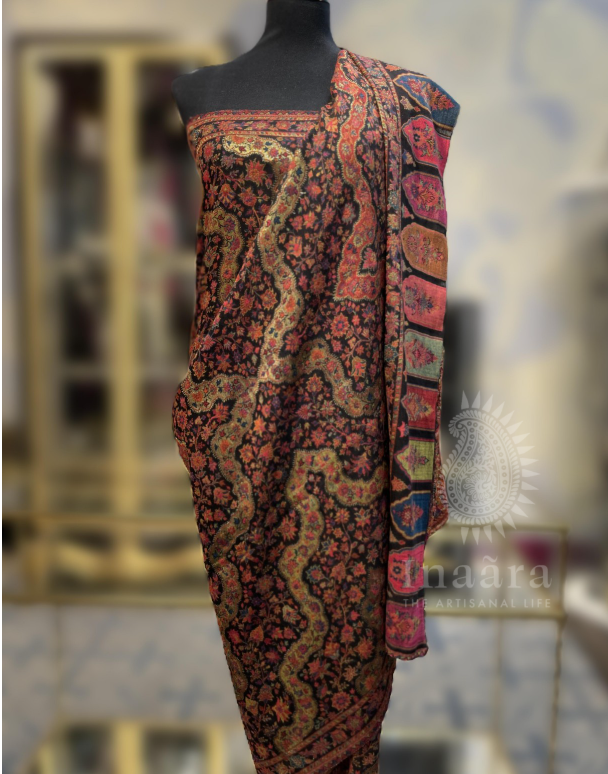 Fine Wool Ethnic Weave Shawl- Black/Gold