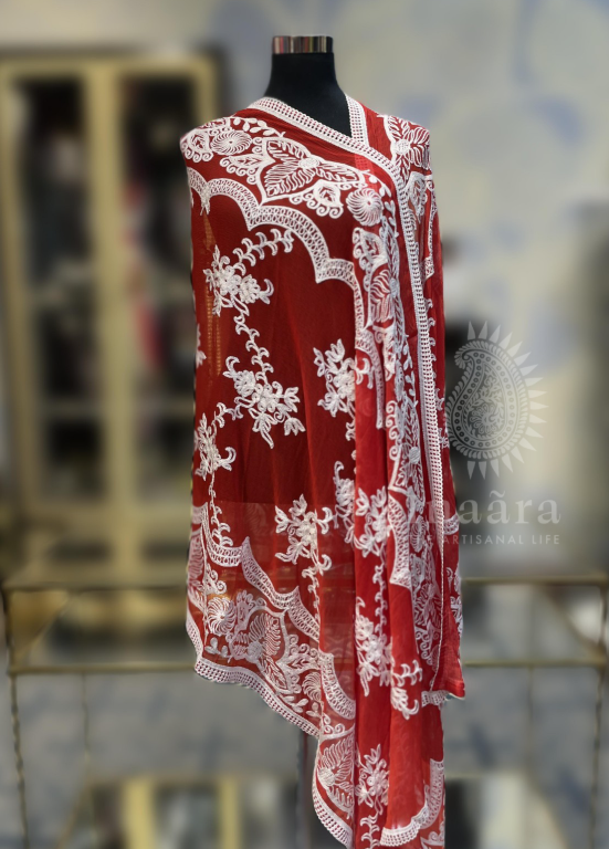 Embroidered Chiffon Dupatta- Red/White