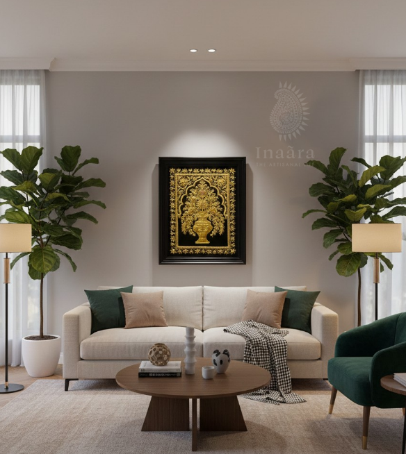 Zardozi Golden Floral Tapestry Artwork (2x2.4ft)
