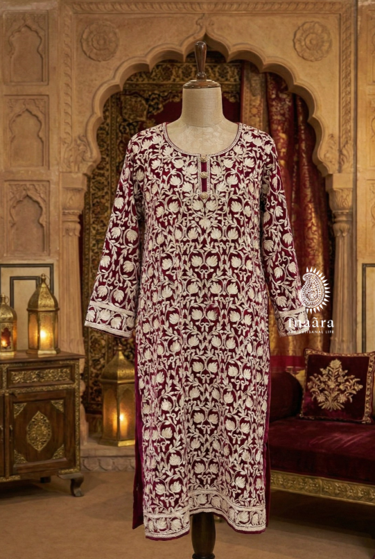 Aari Embroidery Velvet Kurti - Maroon