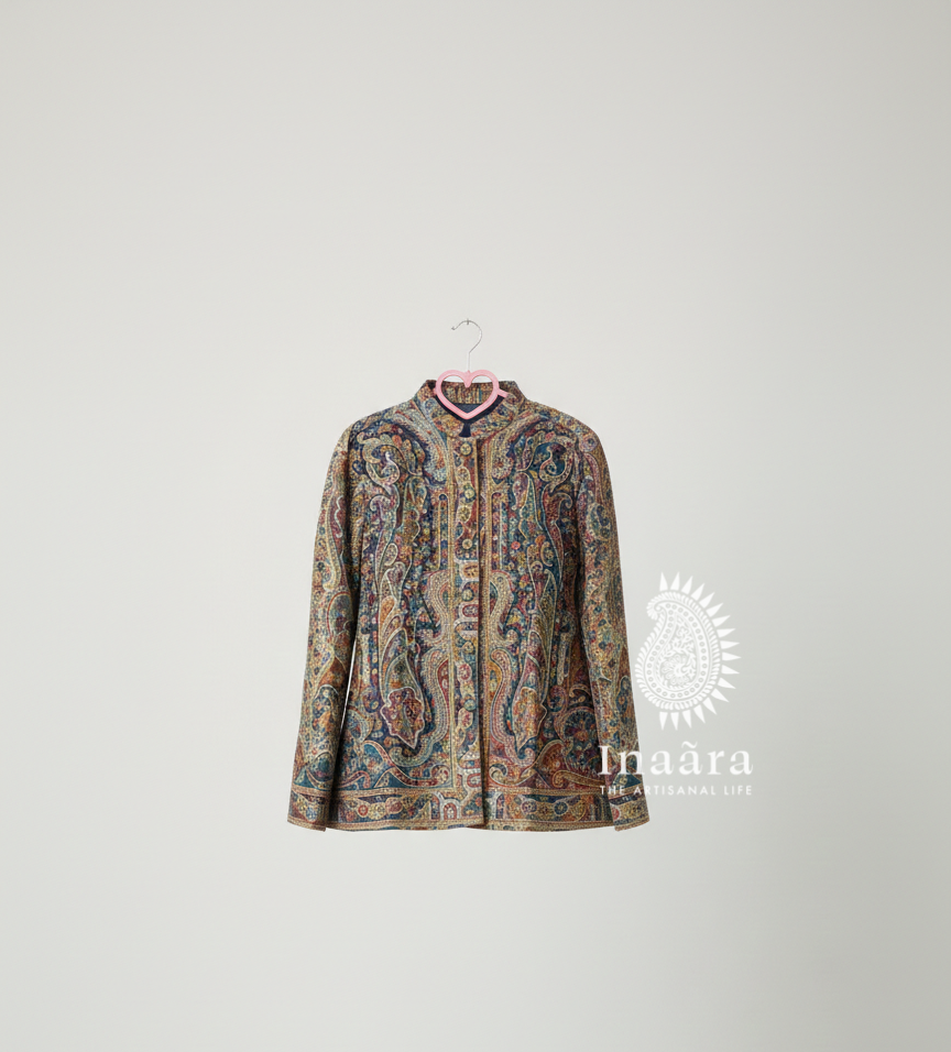 Zar-E Paisley Cape Double Slit- Blue/Red