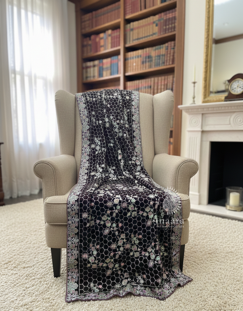 Embroidered Velvet Shawl-Hexa Maroon Floral