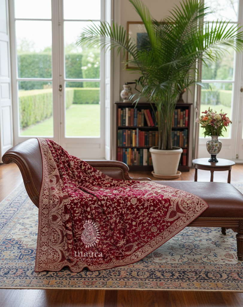 Embroidered Velvet Shawl-Red/Golden Floral