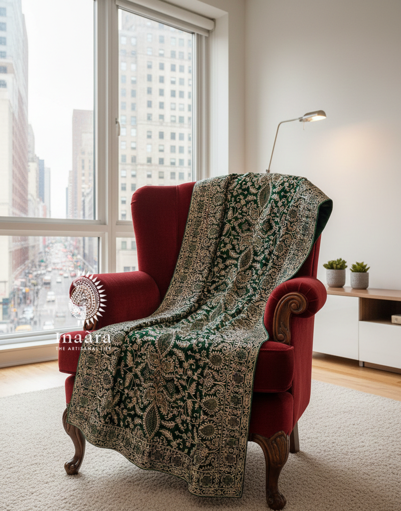 Embroidered Velvet Shawl- Green2