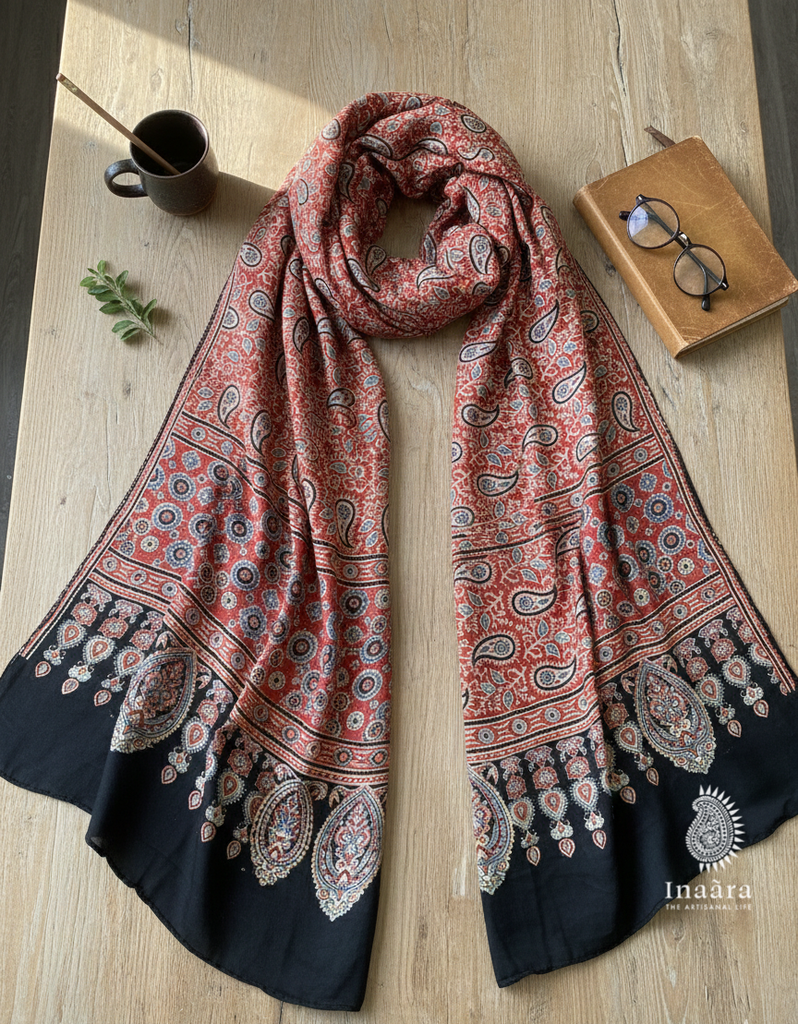 Modal Silk Ajrakh Dupatta- Paisley Red