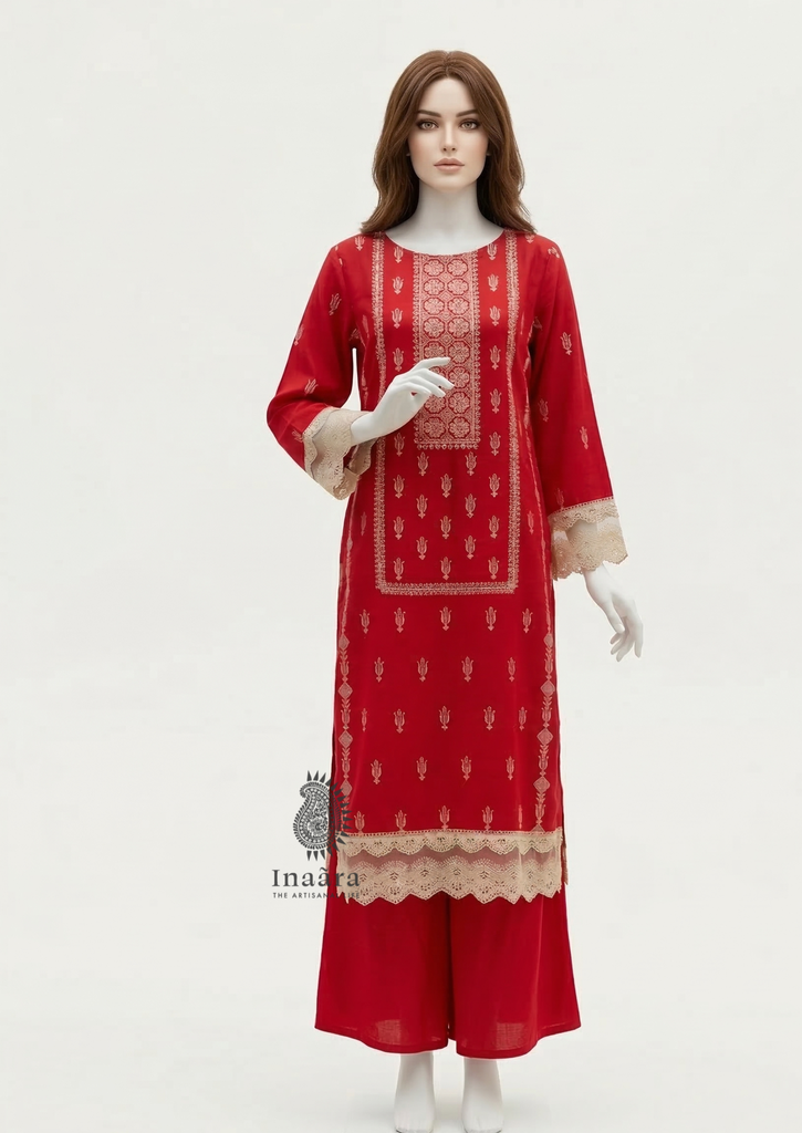 Karandi Palazzo Suit-2pc/Red