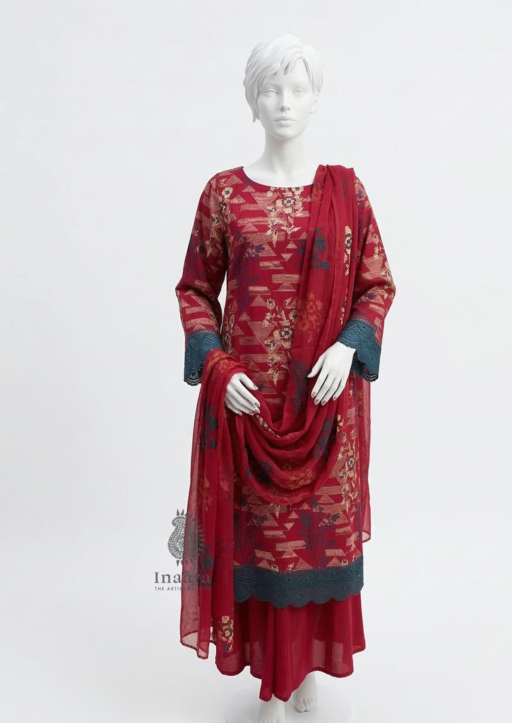 Karandi Suit Set w/Palazzo-3pc/Red