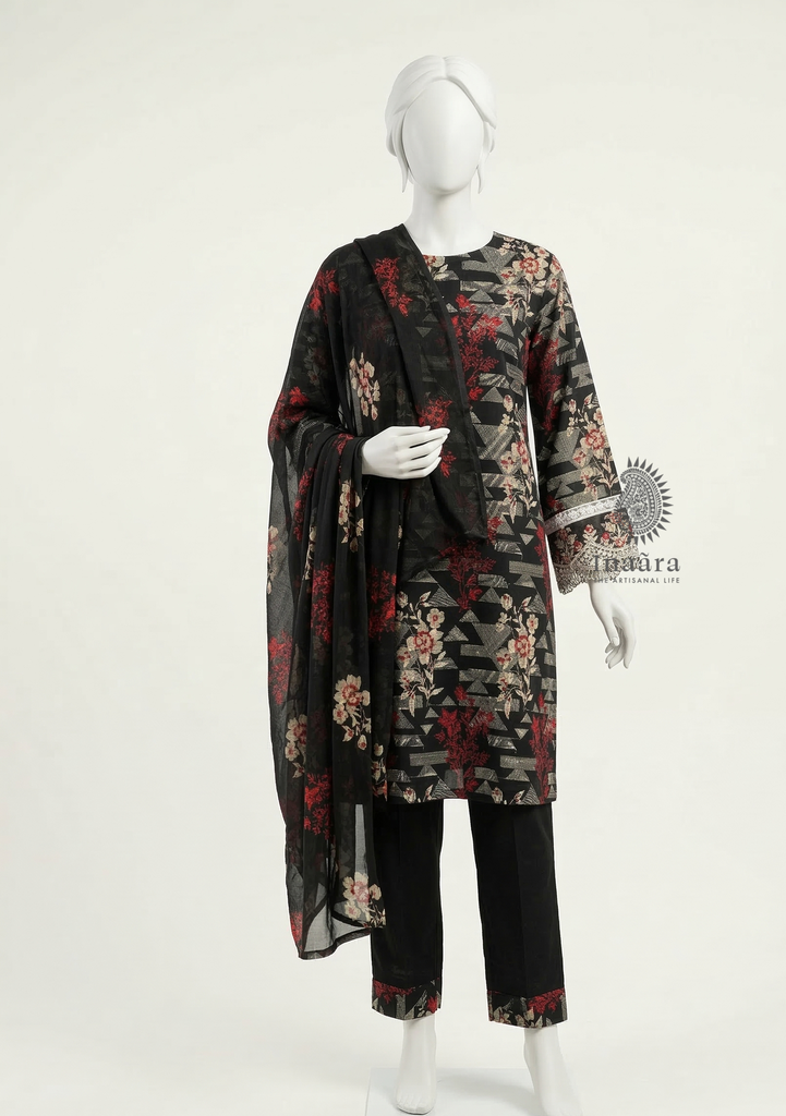 Karandi Cotton Suit-3pc/Black