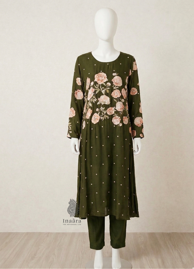 Floral Dress Set-Olive Green