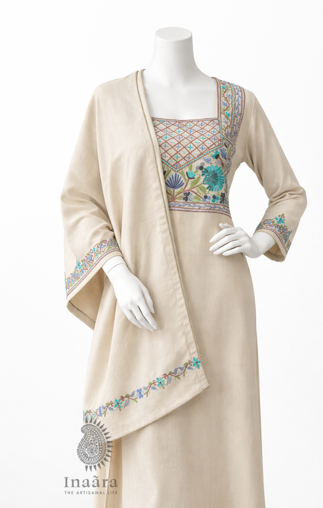 Kashmiri Embroidery Kurti Set-Beige