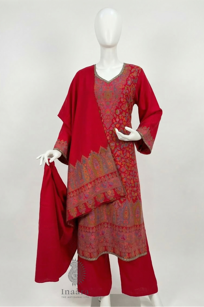 Kashmiri Embroidery Kurti Set-Red