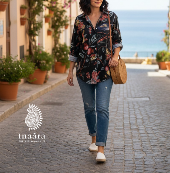 Block Printed Full Sleeves-Black Floral