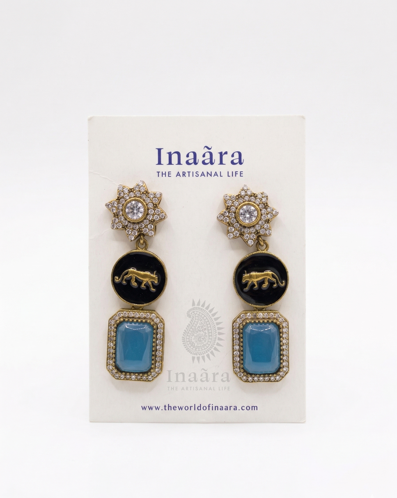 Cougar Cat Enamel Earrings-Blue