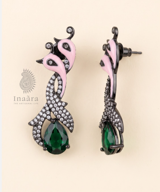 Enamel Zirconia Peacock Motif Earrings-Green