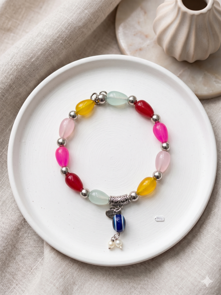 Glass & Silver Beaded w/Evil Eye-Multi