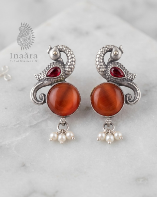 Silver-toned Peacock Motif Earrings-Orange