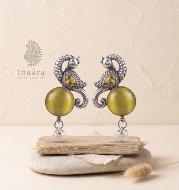 Silver-toned Peacock Motif Earrings- Yellow