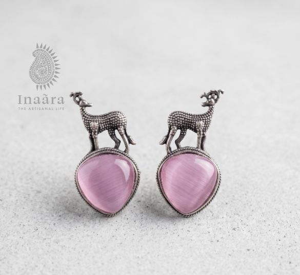 Silver-toned Deer Motif Earrings - Pink