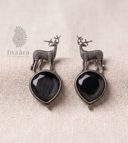 Silver-toned Deer Motif Earrings - Black