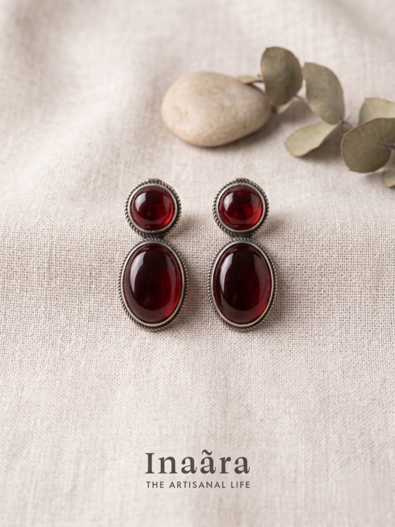 Silver-toned Motif Earrings- Red