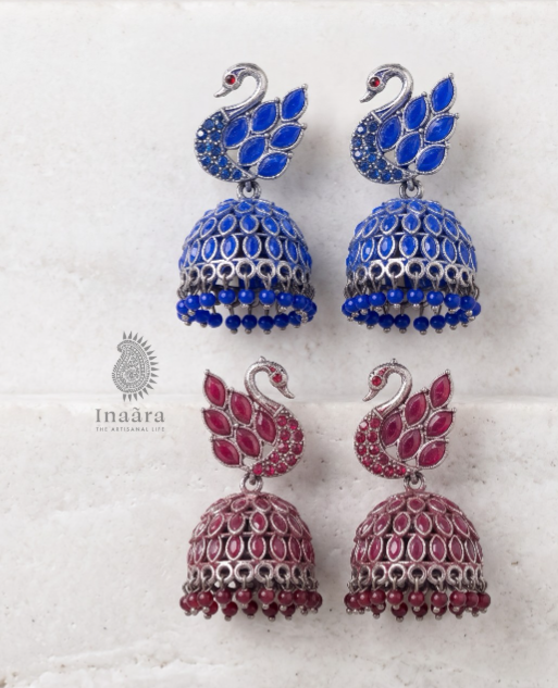 Peacock Jhumka Earring - Blue & Red