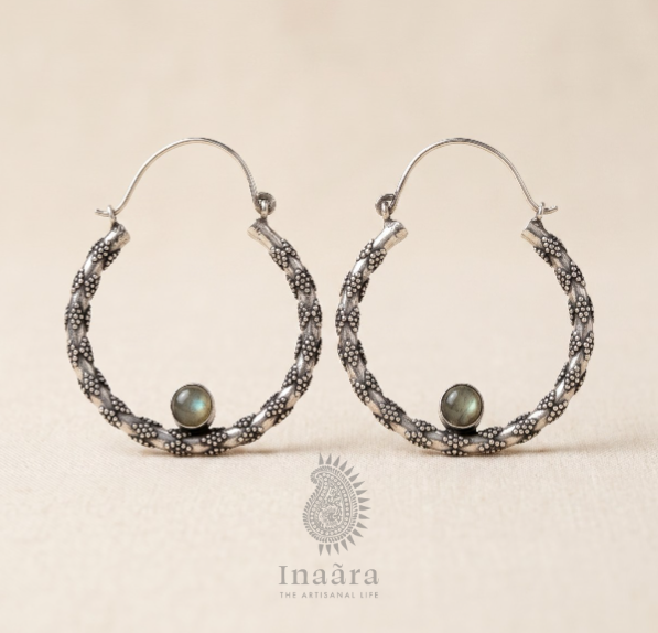 Textured Silver Gemstone Hoops