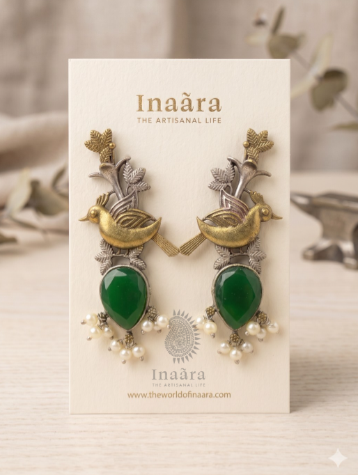 Artisanal Birds &  Green Flora Motifs Earrings