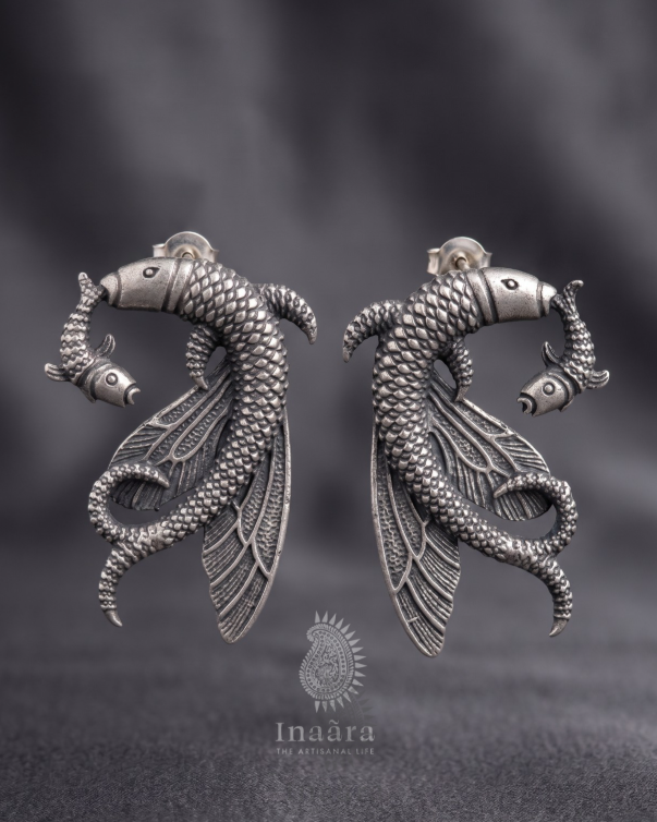 Artisanal Dual Fish Textured Drop Earrings
