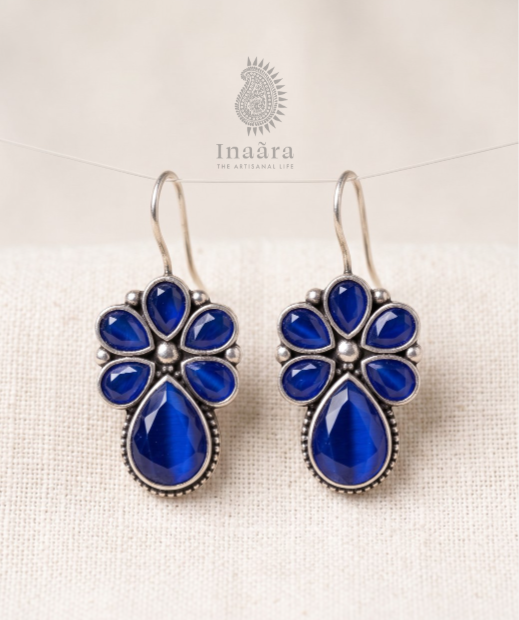 Midnight Blue Artisanal Floral Dangle Earrings