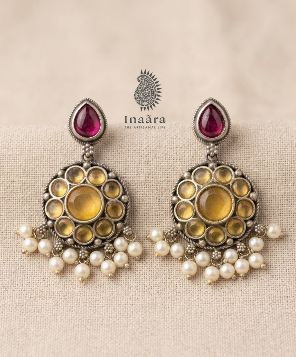 Oxidized Silver Yellow Stone Drop Earrings