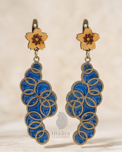 Wooden Sakura Drop Earrings-blue