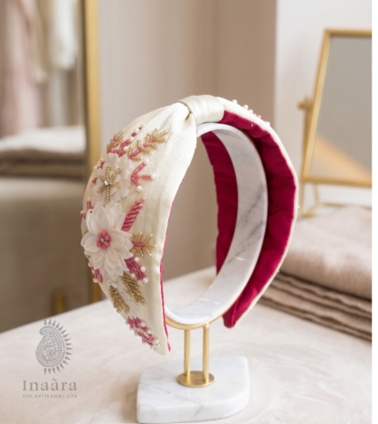 Baroque Hand Embroidered Hairbands -Pink