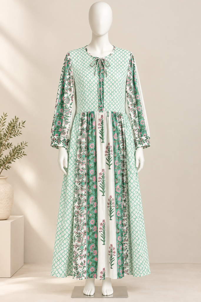 Zehra Block Printed Dress-Green