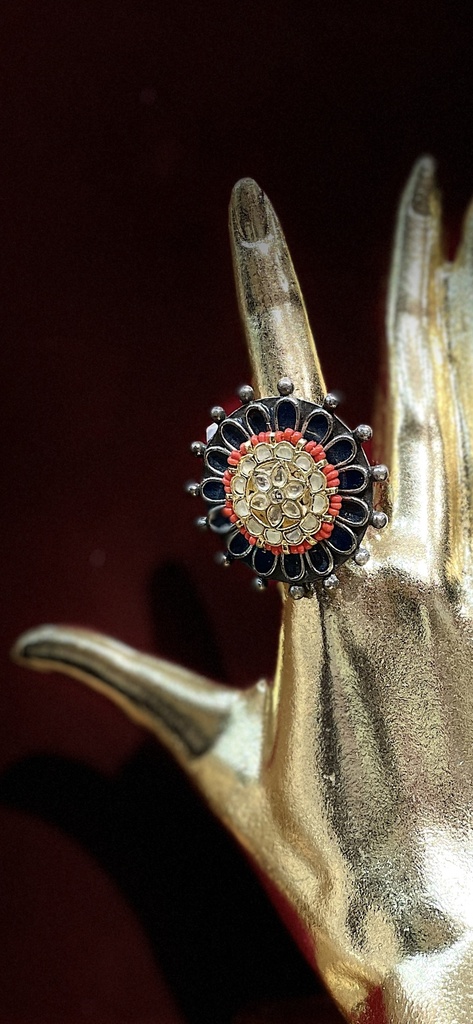 Oxidized Floral Adjustable Ring