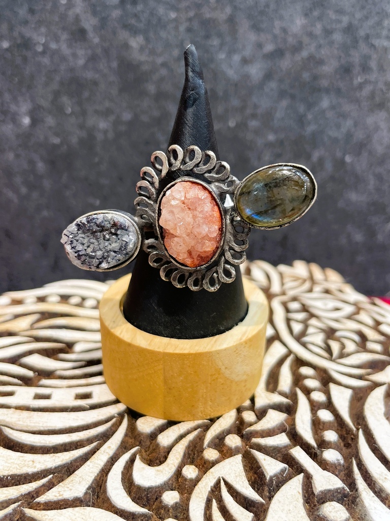 Raw Rose Quartz w/Agate Stone Oxidized Ring