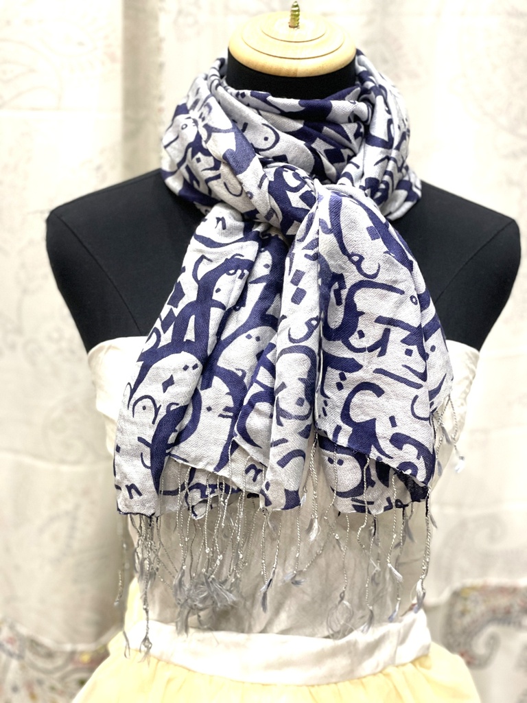 Fine Wool Stole/Scarf- Navy Blue Print