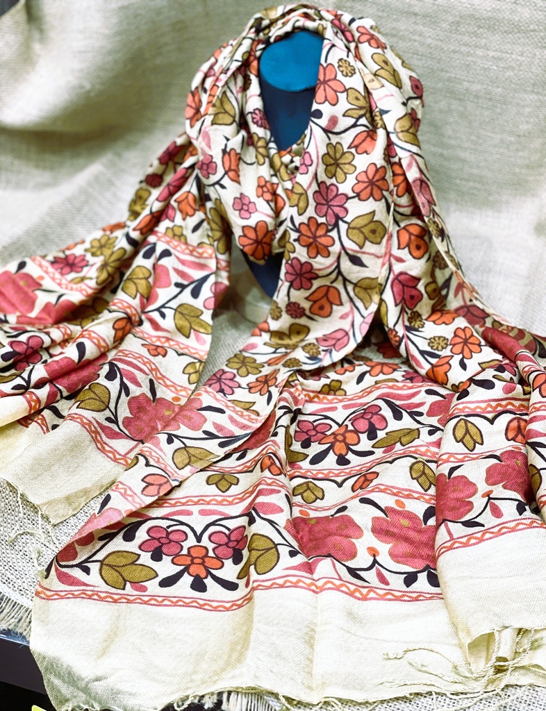 Fine Wool Stole/Scarf-Orange Floral