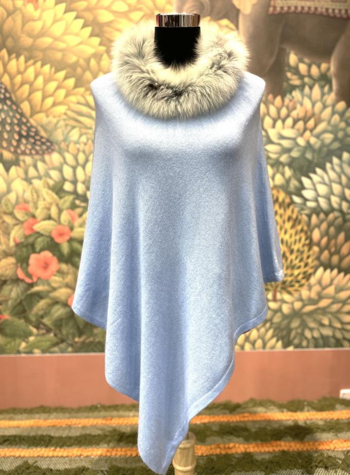 Cashmere Poncho w/Fur Trim Collar-Sky Blue