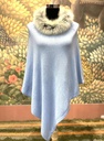 Cashmere Poncho w/Fur Trim Collar-Sky Blue