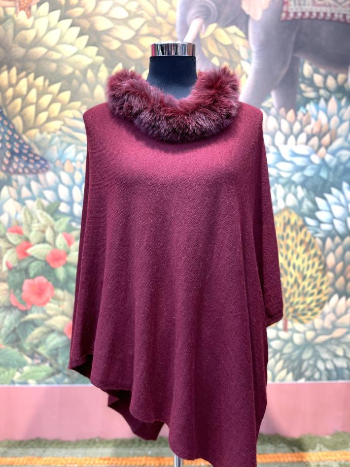 Cashmere Poncho w/Fur Trim Collar-Maroon