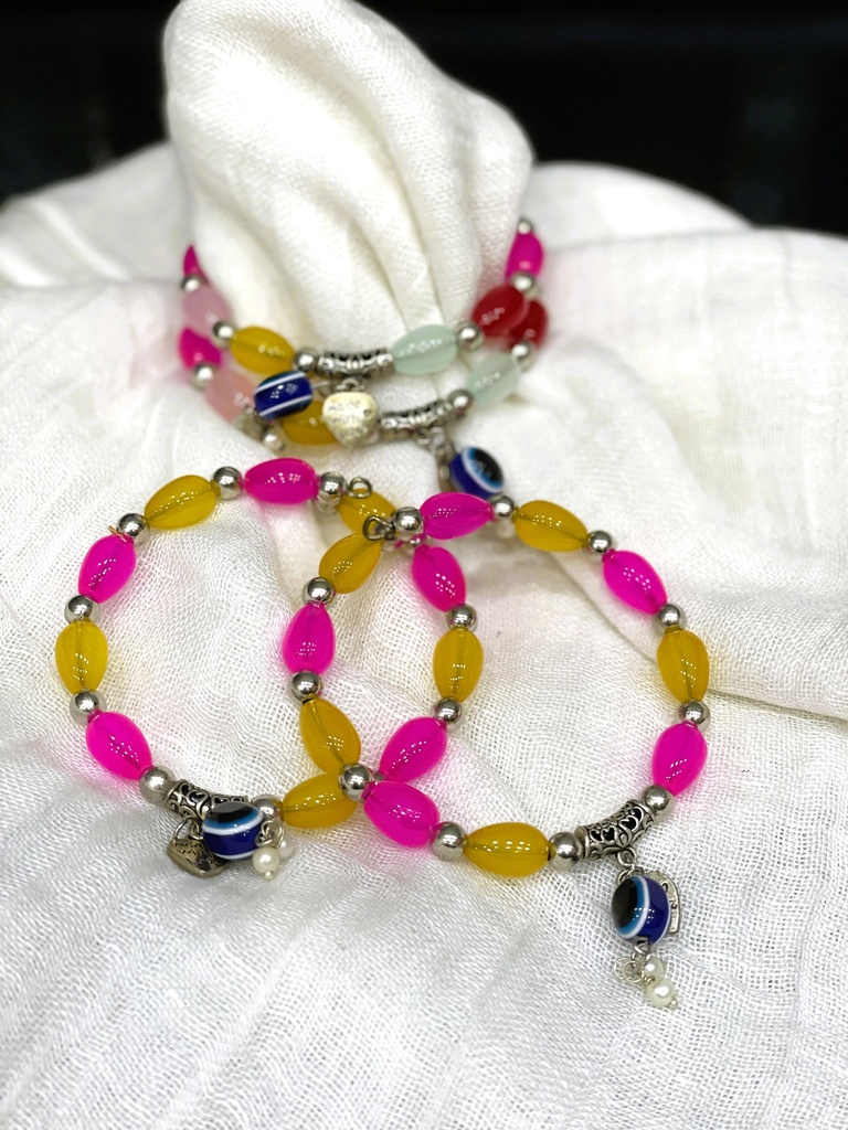 Glass&Silver Bead w/Evil Eye Pink&Yellow