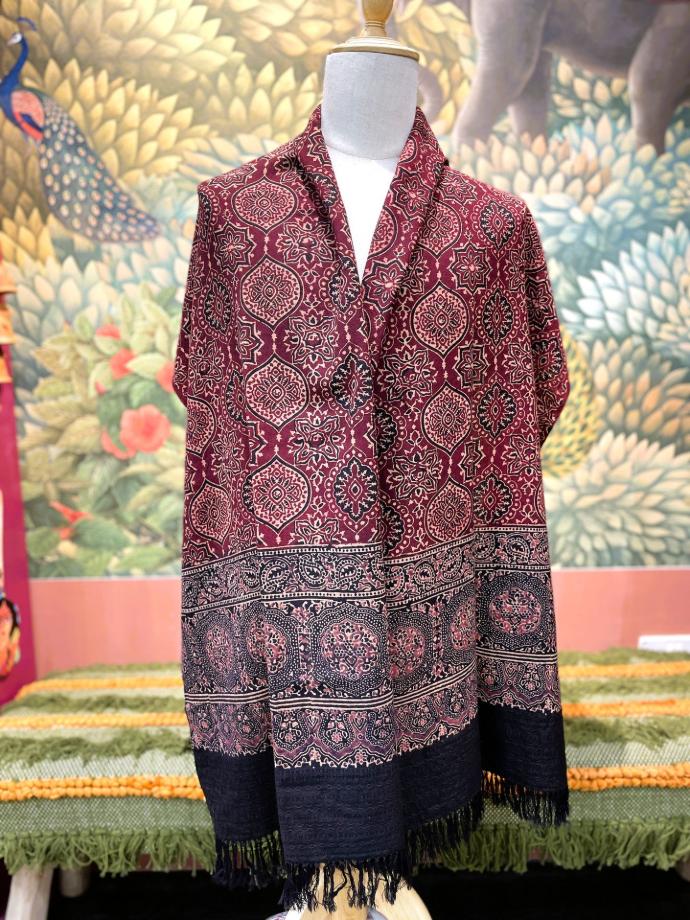 Ajrakh Extra Weft Weave Bhujodi Stole-Maroon