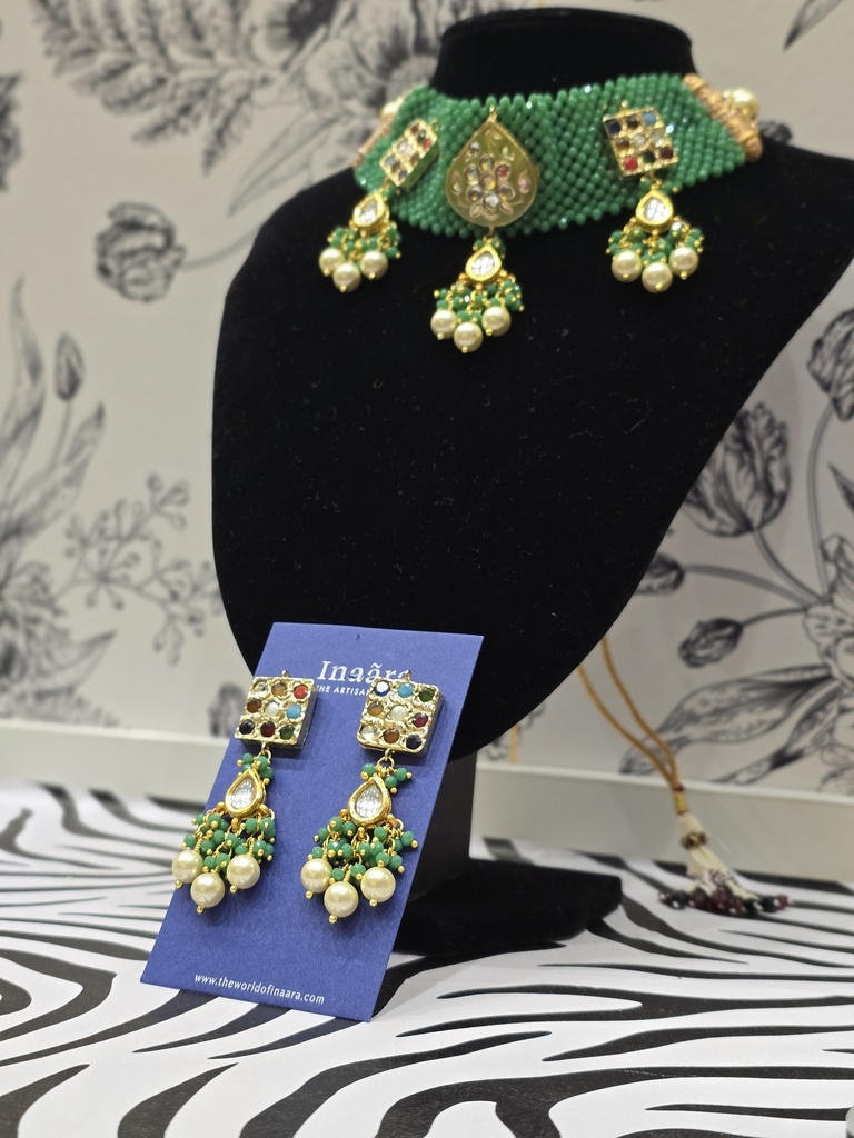 Gold-Plated Green Kundan Choker Set