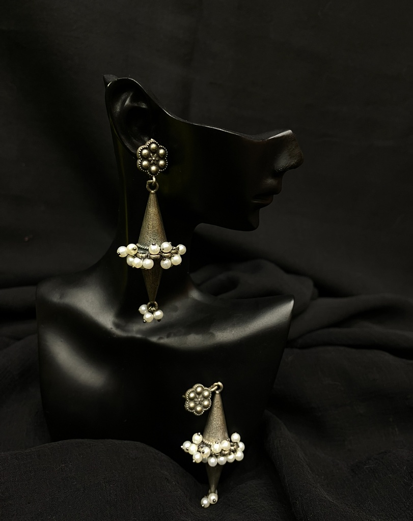 Silver-Toned Dangle Earrings w/Pearl Beads