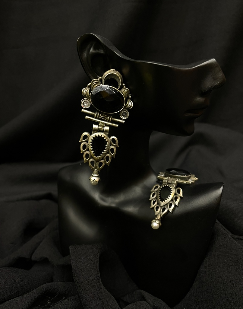 Black Stone Silver-toned Earrings