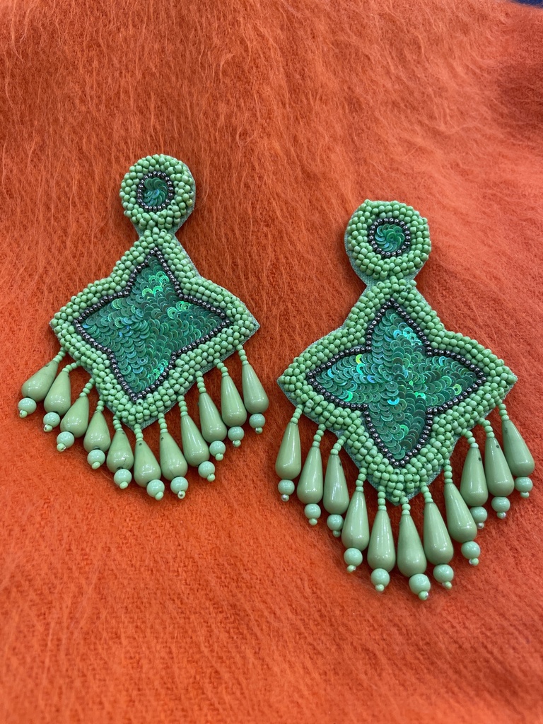 Green Beads Sequins Handcrafted Drop Ear